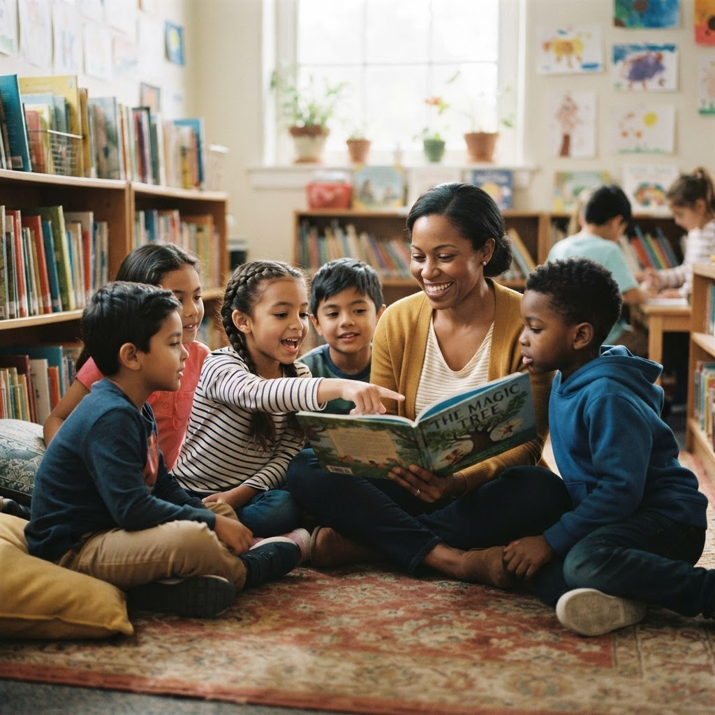 A mentor reading with children in a library