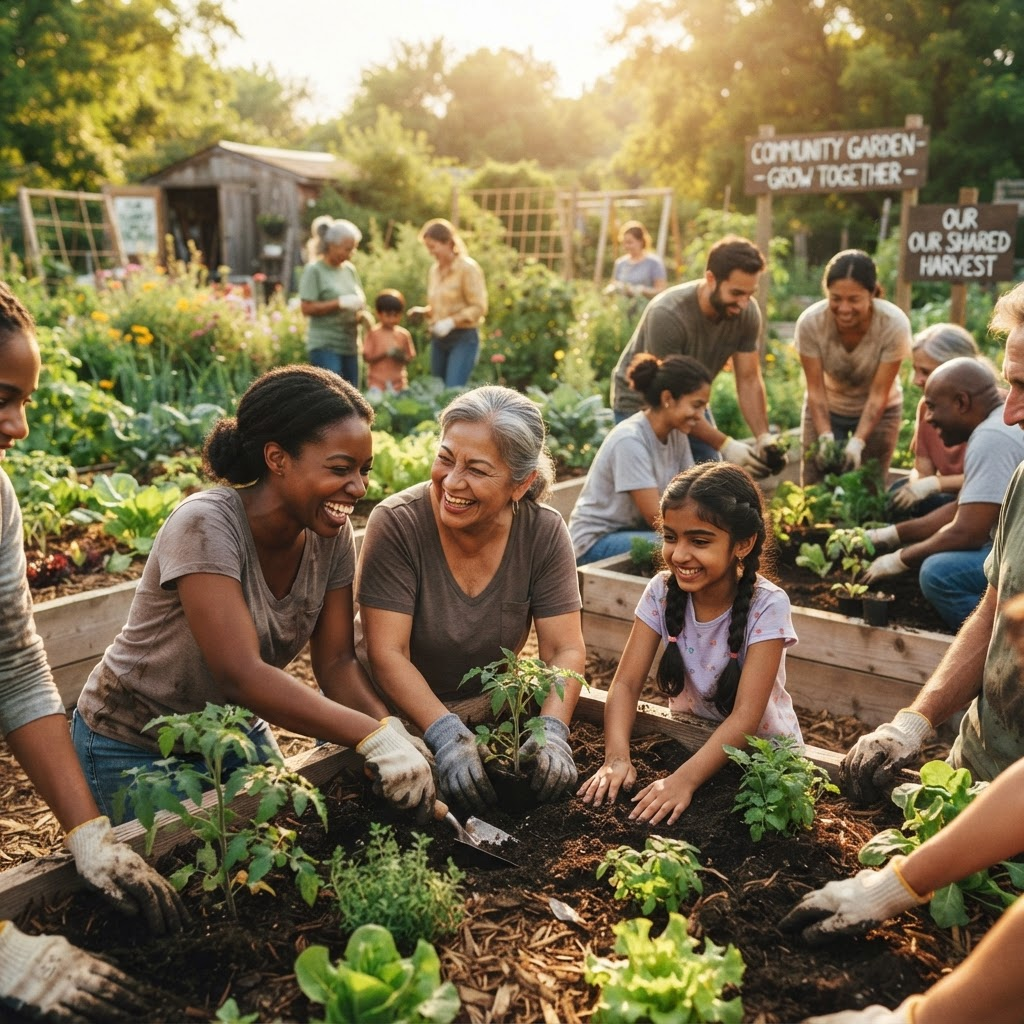Volunteers and families working together in a community garden